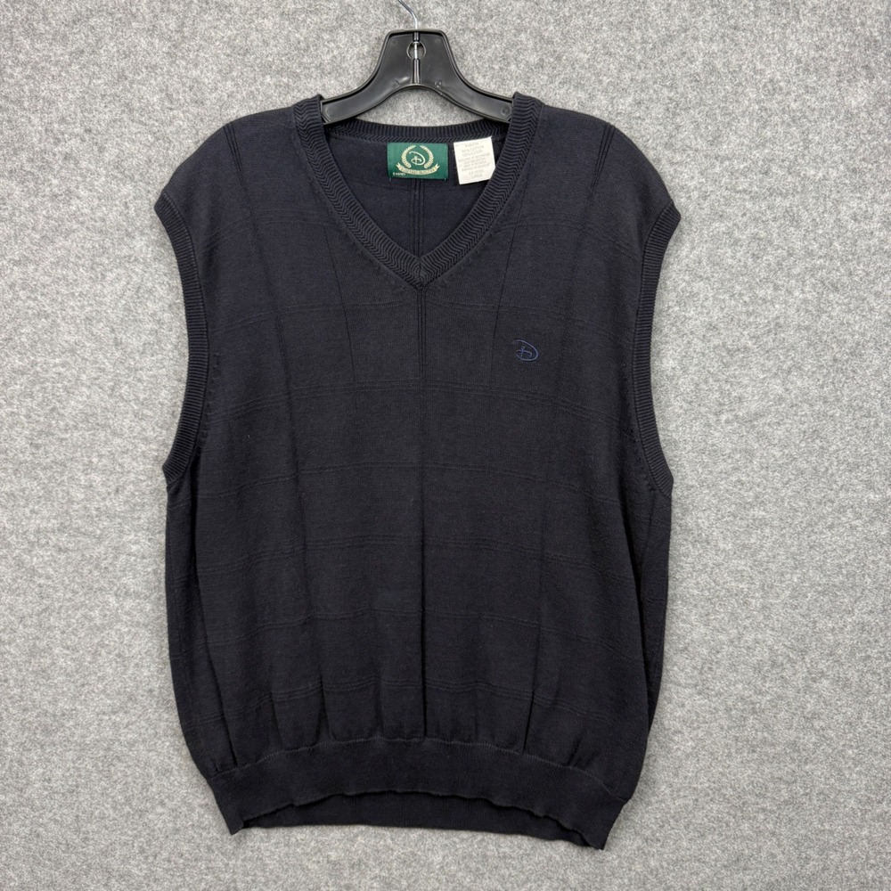 Disney Golf Collection Mens L Navy Blue Cotton V-Neck Sweater Vest Windowpane